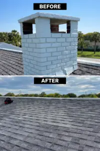 Fireplace and chimney removal with roof repair and debris clean up in Ormond Beach, near Daytona in Volusia County FL